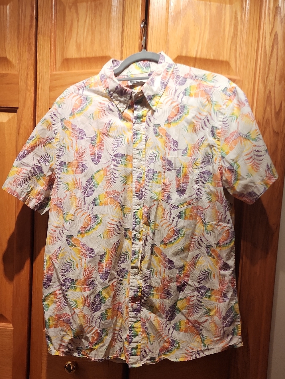 Men's Short Sleeve Button-Up Shirt with Multicolor Leaf Print